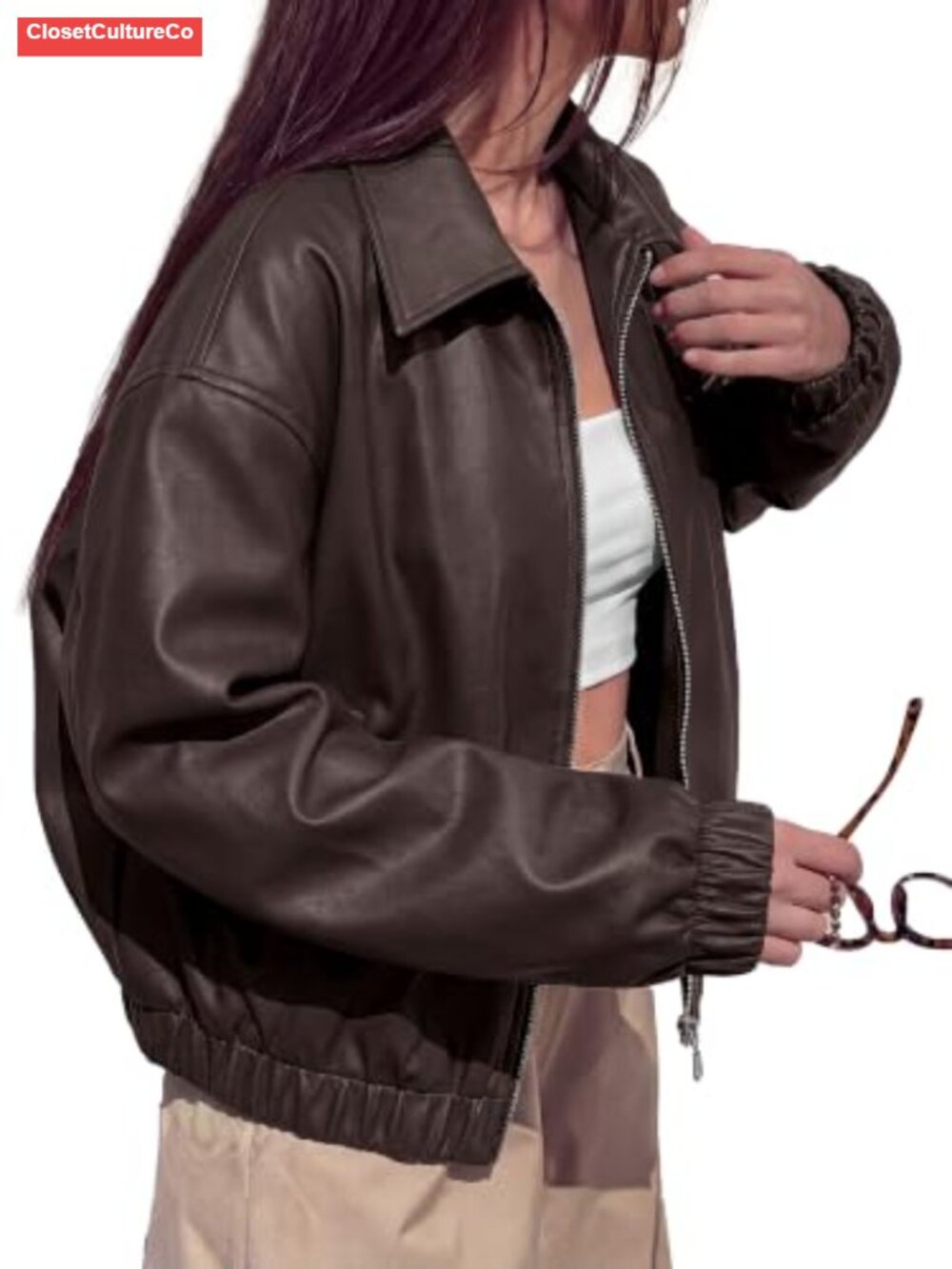 Oversized Faux Leather Zip Up Bomber Jacket Women Fall Coat